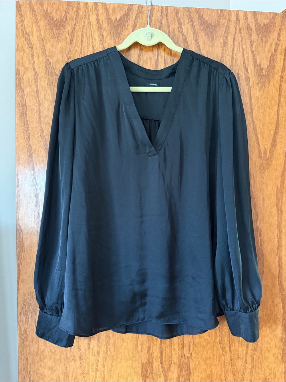 Express Black Satin V-Neck Blouse with Bishop Sleeves